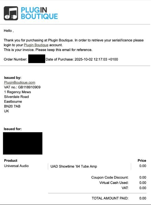 Plugin Boutiqueで無料でもらえたプラグインの購入確認メール実物