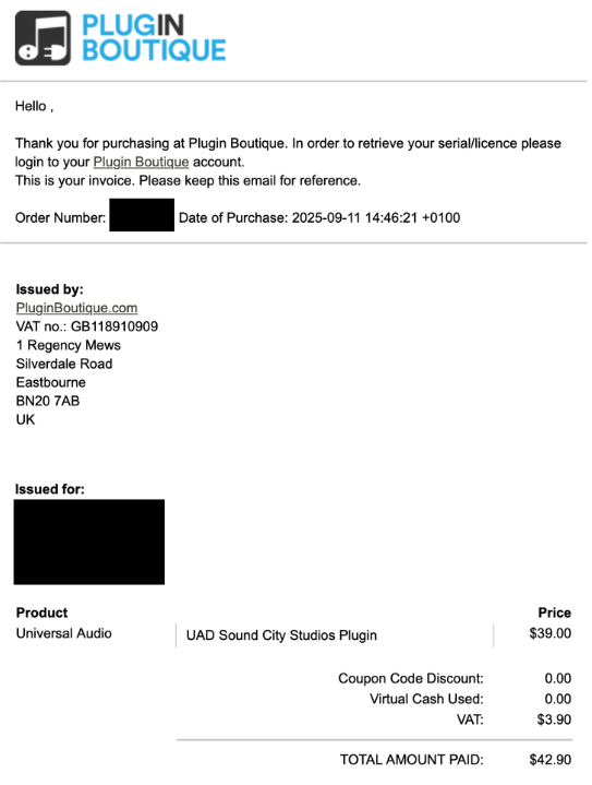 Plugin Boutiqueから届いた購入確認メールの実物
