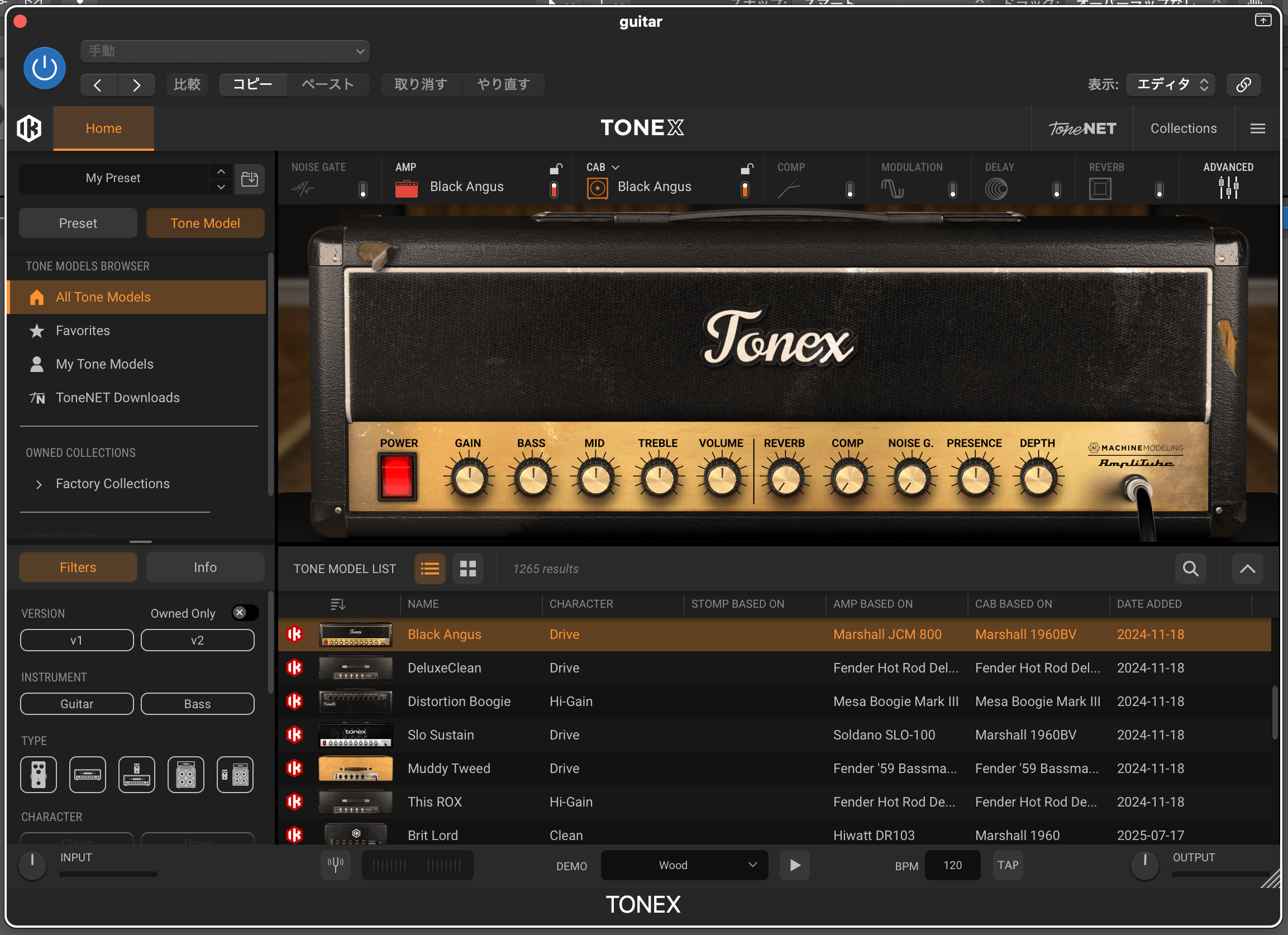 TONEX MaxのメインUI画面 - アンプモデルが表示された状態