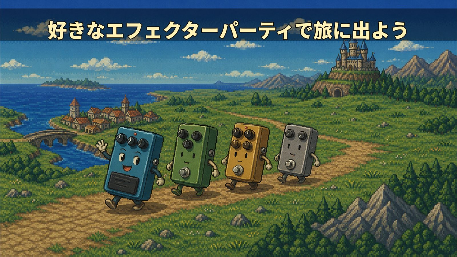 好きなエフェクターパーティで旅に出よう｜スノコ型ペダルボードのドット絵イラスト